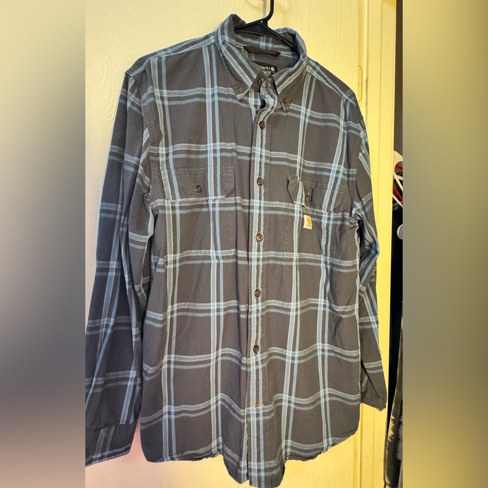 Carhartt Men's Gray and Light Blue Plaid Work Shirt